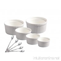 Leoyoubei White Ceramic Ramekin Bowl Set of 5 - Cake Baking Mold 5 Size Bowl Dishes Pudding Cup for Baking or Making Desserts And Stainless Steel Spoon 5 Pcs - B077R1B3W4